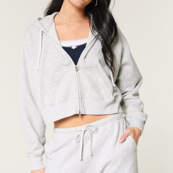 Hollister Soft Boxy Crop Double Zip Hoodie Light Gray Small - Picture 1 of 7